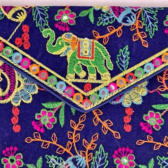 Navy Blue Clutch Bag Colorful Embroidery Elephants Floral Mirror Details NWOT - Picture 5 of 14